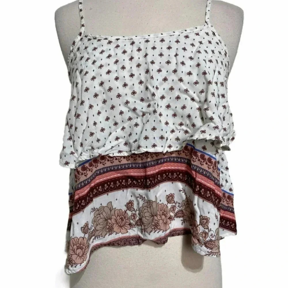 O'Neill Cami Top XS White Floral Boho Tiered Ruffle Spaghetti Strap Cropped